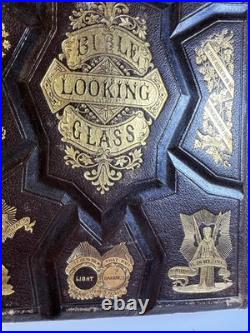 Antique 1874 Bible Looking Glass Illustrated Religious Emblems Leather Gilt AEG