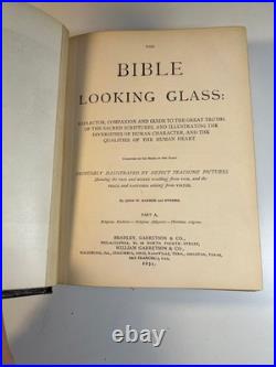 Antique 1874 Bible Looking Glass Illustrated Religious Emblems Leather Gilt AEG