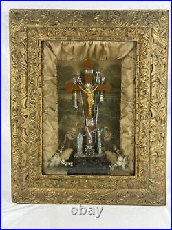 Antique 1877 Jesus Crucifix Religious Catholic Shadow Box Thy Kingdom Come