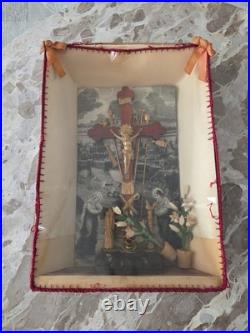 Antique 1877 Jesus Crucifix Religious Catholic Shadow Box Thy Kingdom Come