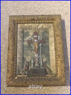 Antique 1877 Jesus Crucifix Religious Catholic Shadow Box Thy Kingdom Come