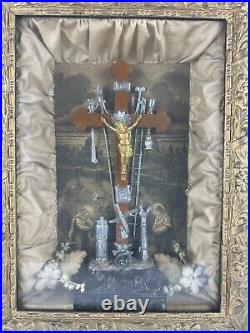 Antique 1877 Jesus Crucifix Religious Catholic Shadow Box Thy Kingdom Come