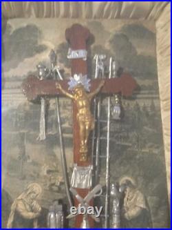 Antique 1877 Jesus Crucifix Religious Catholic Shadow Box Thy Kingdom Come