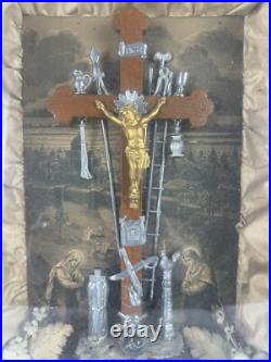 Antique 1877 Jesus Crucifix Religious Catholic Shadow Box Thy Kingdom Come Antique 1877 Jesus Crucifix Religious Catholic Shadow Box Thy Kingdom Come