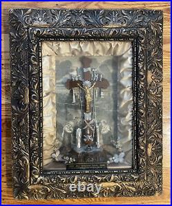 Antique 1877 Kingdom Come Religious Jesus Mixed Media Crucifix Diorama Shadowbox