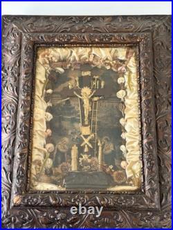Antique 1877 Kingdom Come Religious Jesus Mixed Media Crucifix Diorama Shadowbox