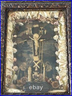 Antique 1877 Kingdom Come Religious Jesus Mixed Media Crucifix Diorama Shadowbox
