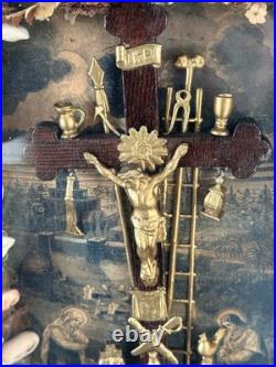 Antique 1877 Kingdom Come Religious Jesus Mixed Media Crucifix Diorama Shadowbox