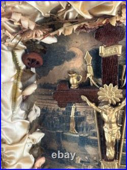 Antique 1877 Kingdom Come Religious Jesus Mixed Media Crucifix Diorama Shadowbox