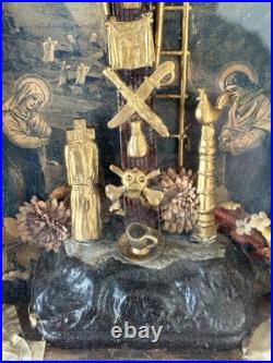 Antique 1877 Kingdom Come Religious Jesus Mixed Media Crucifix Diorama Shadowbox