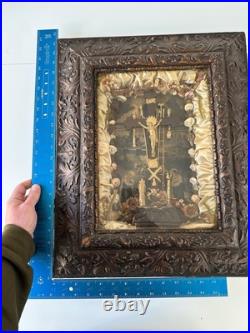 Antique 1877 Kingdom Come Religious Jesus Mixed Media Crucifix Diorama Shadowbox