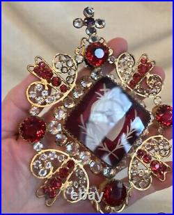 Antique 1880'S Religious Red Bohemian Glass Rhinestone Reliquary SACRED HEART