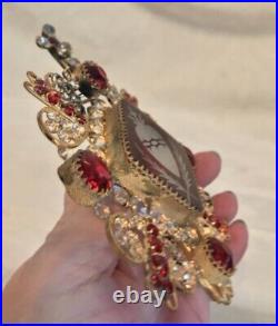 Antique 1880'S Religious Red Bohemian Glass Rhinestone Reliquary SACRED HEART