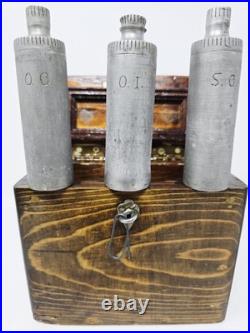 Antique 1890 Religious Catholic Holy Oil Stock Bottle Wood Box Containers & Key