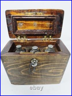 Antique 1890 Religious Catholic Holy Oil Stock Bottle Wood Box Containers & Key