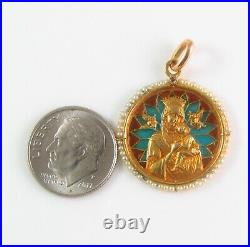 Antique 18K Gold Plique A Jour Enamel Diamond & Pearl Religious Medal Pendant