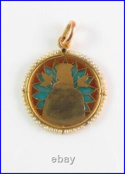 Antique 18K Gold Plique A Jour Enamel Diamond & Pearl Religious Medal Pendant