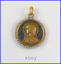 Antique 18K Gold Plique A Jour Enamel Pearl Virgin Mary Religious Medal Pendant