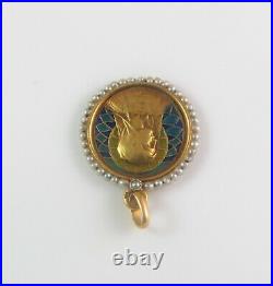 Antique 18K Gold Plique A Jour Enamel Pearl Virgin Mary Religious Medal Pendant