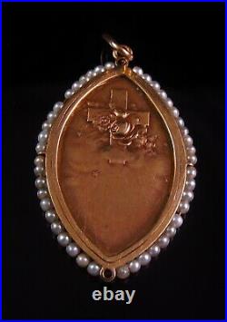Antique 18K Gold Polychrome Enamel Diamond & Pearl Religious Jesus Pendant