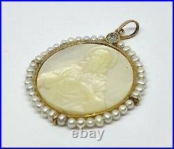 Antique 18kt Gold And Mother of Pearl Religious Medal With Diamond and pearls