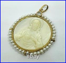 Antique 18kt Gold And Mother of Pearl Religious Medal With Diamond and pearls