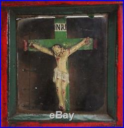 Antique 18th C. Religious, Reliquary Shrine, Crucifix Jesus, glass wood vitrine