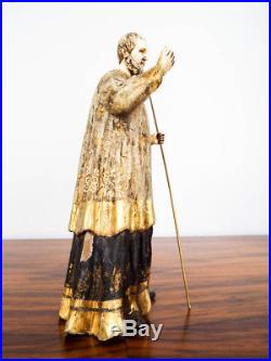 Antique 18th C Religious Wooden Santos Statue Wood Carved Saint Figure Glass Eye