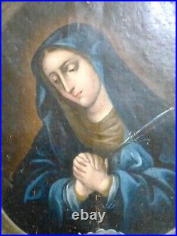Antique 18th C Spanish Colonial Painting Retablo on Copper Tin Virgen Dolorosa