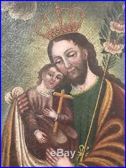 Antique 18th Century Oil Painting Spanish Colonial Crowned Joseph & Baby Jesus