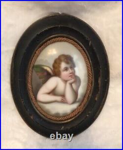 Antique 18th c. Wood Religious Framed Hand Painted Porcelain Picture ANGEL