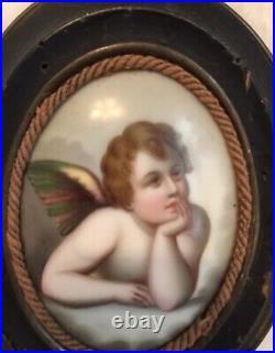 Antique 18th c. Wood Religious Framed Hand Painted Porcelain Picture ANGEL