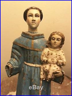 Antique 19 Ctry Carved Wood Santo St Anthony Glass Eyes religious figure
