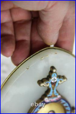 Antique 1900 Religious holy water font cloisonne enamel portrait porcelain