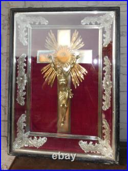 Antique 1900s French religious crucifix framed behind glass rare