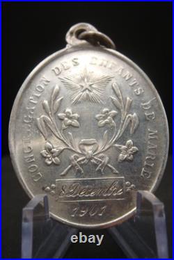 Antique 1901 Silver French Catholic Medal Virgin Mary Congregation des Enfants