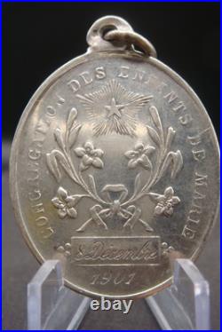 Antique 1901 Silver French Catholic Medal Virgin Mary Congregation des Enfants