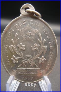 Antique 1901 Silver French Catholic Medal Virgin Mary Congregation des Enfants
