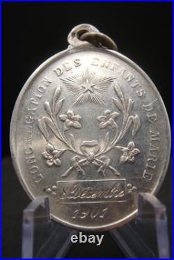 Antique 1901 Silver French Catholic Medal Virgin Mary Congregation des Enfants