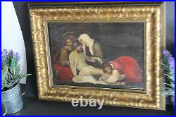Antique 1919 Religious descent jesus cross oil canvas painting signed
