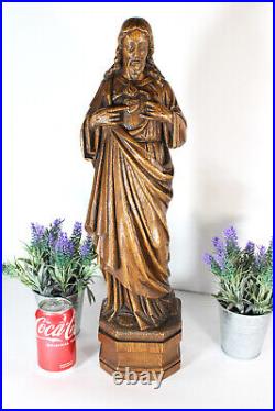 Antique 1919 signed wood carved sacred heart christ jesus statue religious