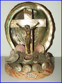 Antique 1920's Art Deco Jesus INRI Religious Abalone Shell Table Crucifix Shrine
