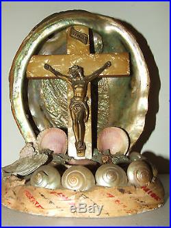 Antique 1920's Art Deco Jesus INRI Religious Abalone Shell Table Crucifix Shrine