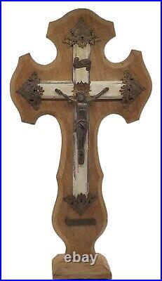 Antique 1927 French Footed Wood Metal Tabletop Crucifix Religious Home Decor