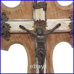 Antique 1927 French Footed Wood Metal Tabletop Crucifix Religious Home Decor