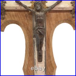 Antique 1927 French Footed Wood Metal Tabletop Crucifix Religious Home Decor