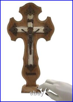 Antique 1927 French Footed Wood Metal Tabletop Crucifix Religious Home Decor