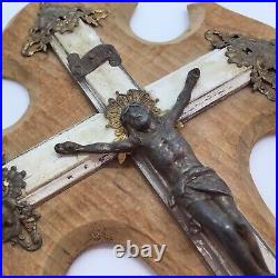 Antique 1927 French Footed Wood Metal Tabletop Crucifix Religious Home Decor