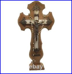 Antique 1927 French Footed Wood Metal Tabletop Crucifix Religious Home Decor