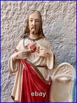 Antique 1928 P. S. CoPA Chalkware Alter Statue Jesus & Mary Religious Heart 15